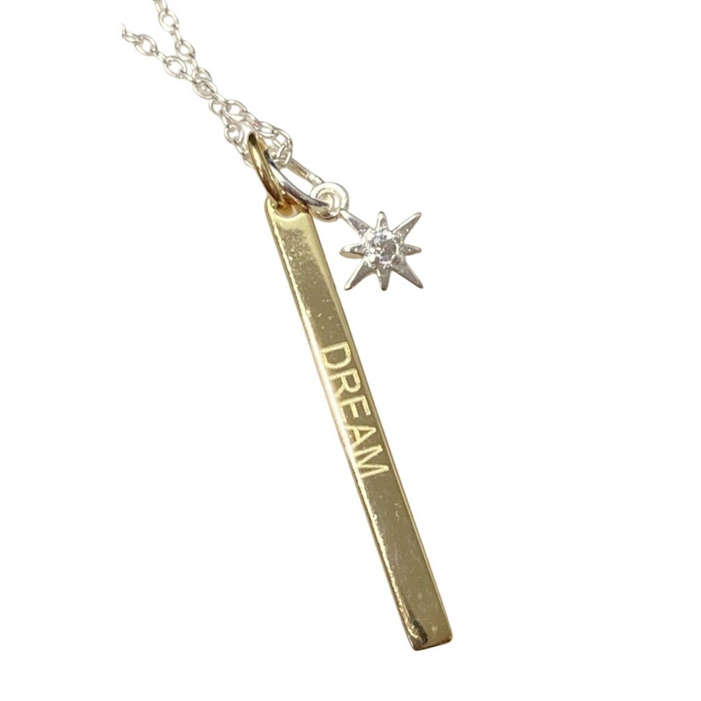 Sterling Silver 925 Two Tone "DREAM" Star CZ Pendant 16-18'' Chain Necklace 1.7g